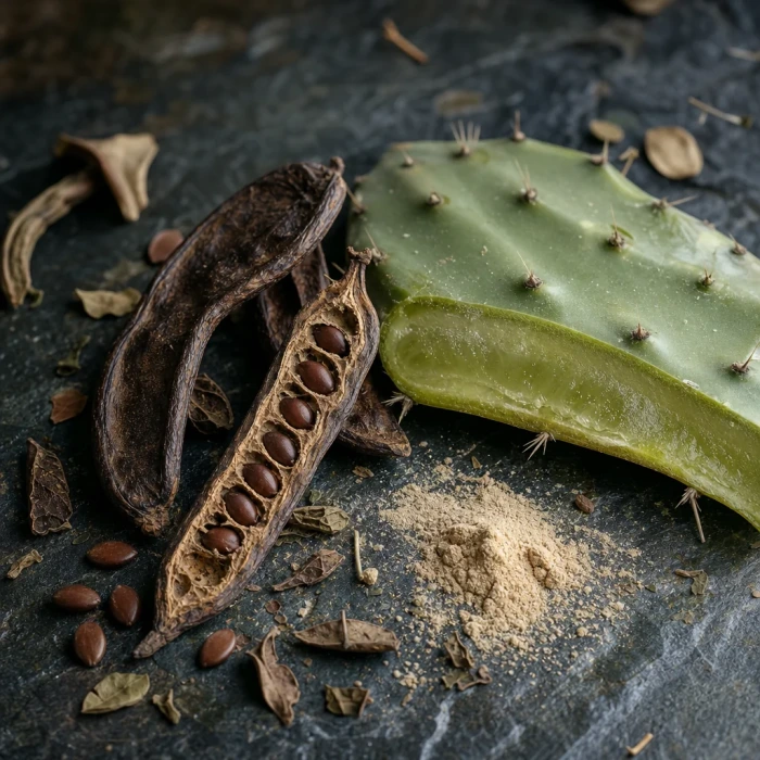 Gousse de caroube et cactus nopal sur