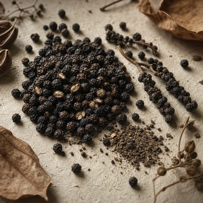Des grains de poivre noir parsemés sur