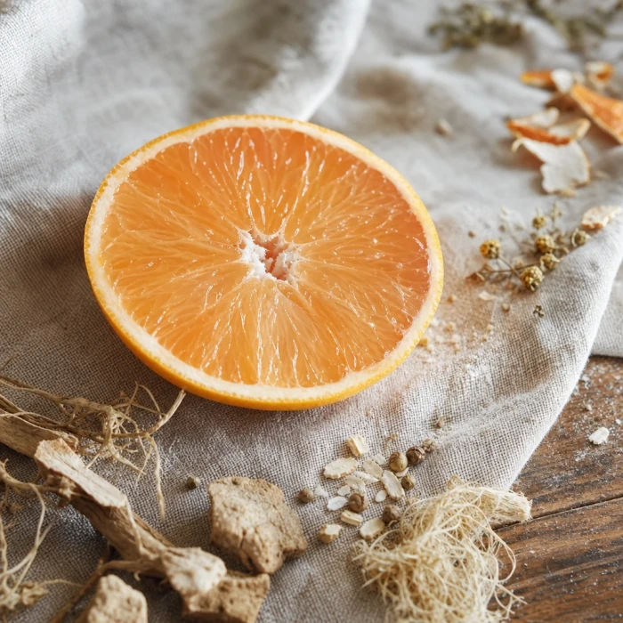Myo-Inositol citrus fragments on linen wood