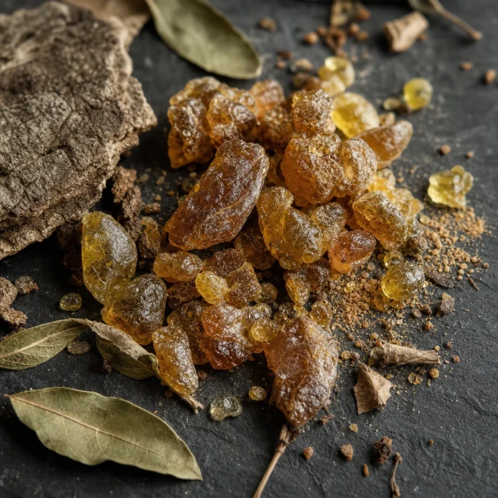 Boswellia resin tears dark slate macro