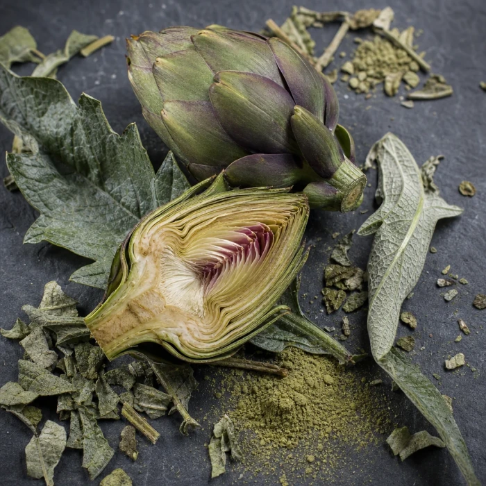 Artichoke leaves on dark slate stone