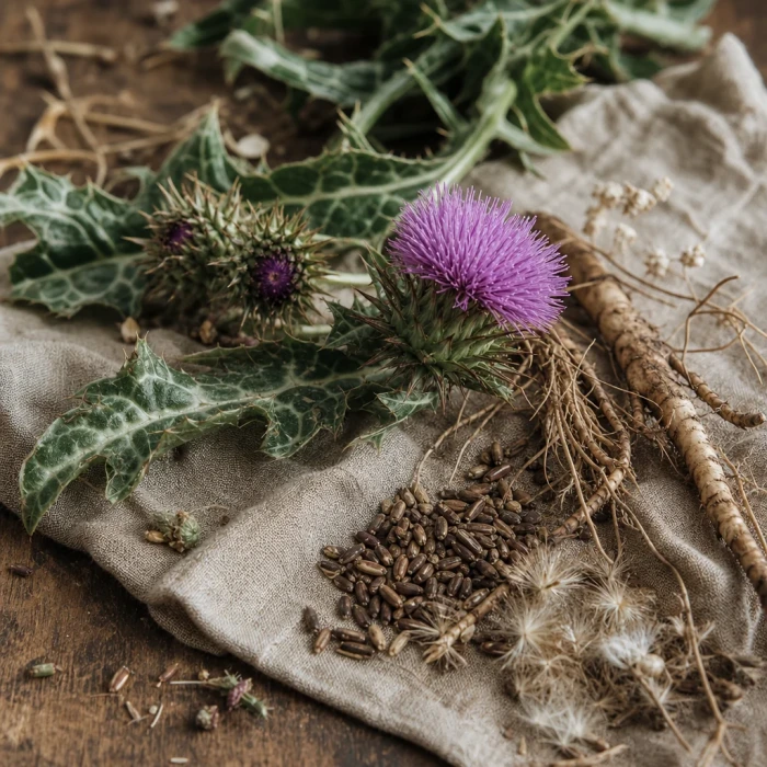 Milk thistle botanical on linen wood