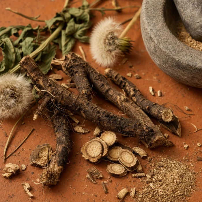 Dandelion root on terracotta with mortar