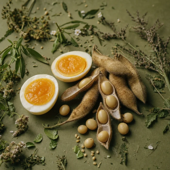 Egg yolk and soybeans on olive board
