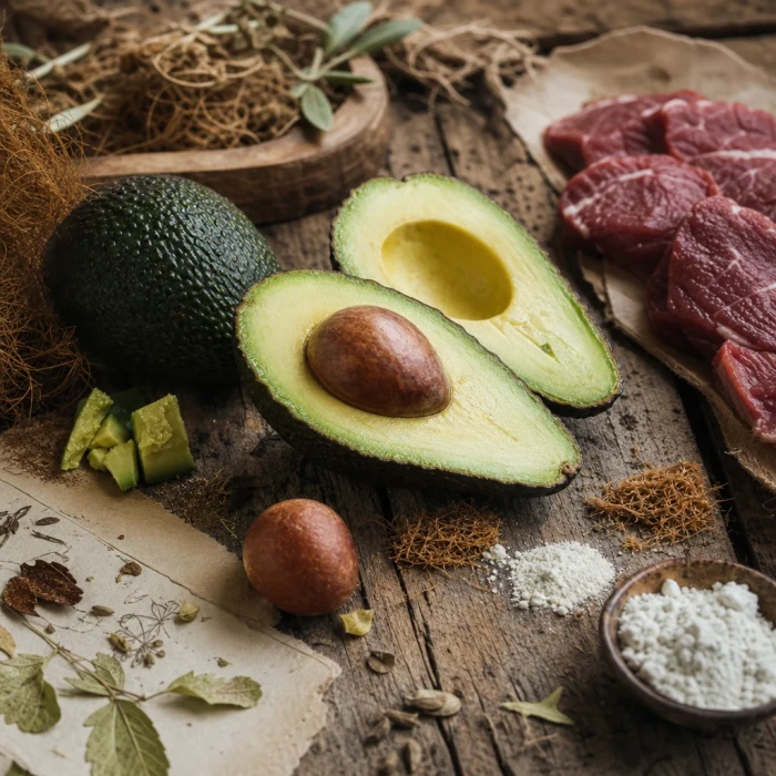 Avocado and seeds on weathered wood
