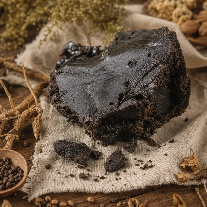 Resina de shilajit sobre madera de lino