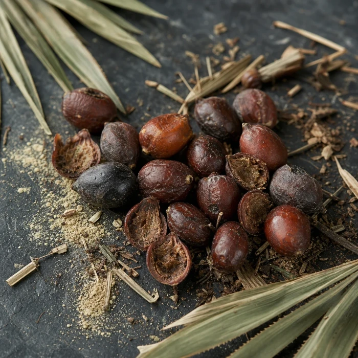 Bacche di saw palmetto su ardesia scura