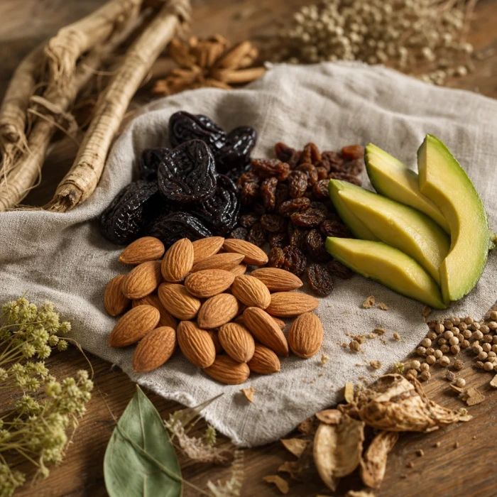 Boorrijke amandelen en gedroogd fruit op linnen