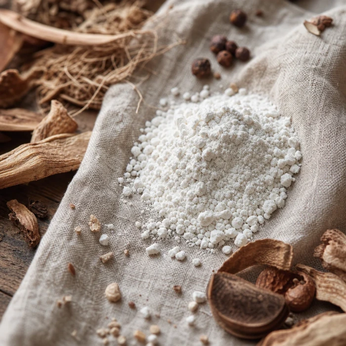 Probiotikum-Pulver auf einem apothekerischen Tisch aus Leinen