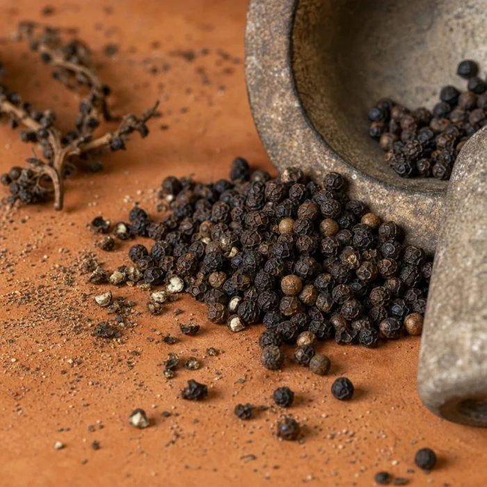 Black peppercorns spilling on terracotta surface