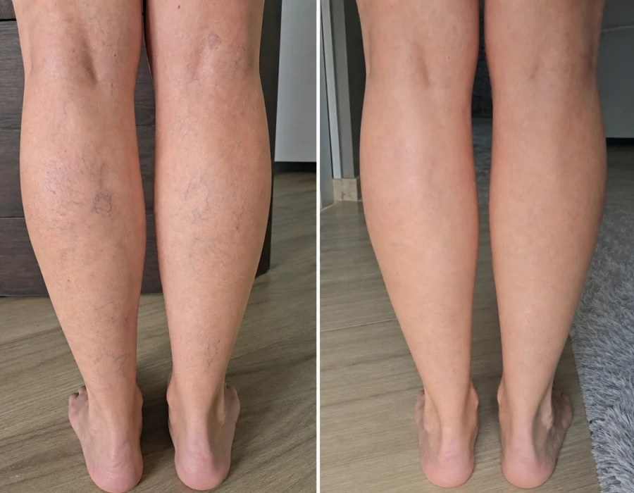 Woman's spider vein improvement before and after