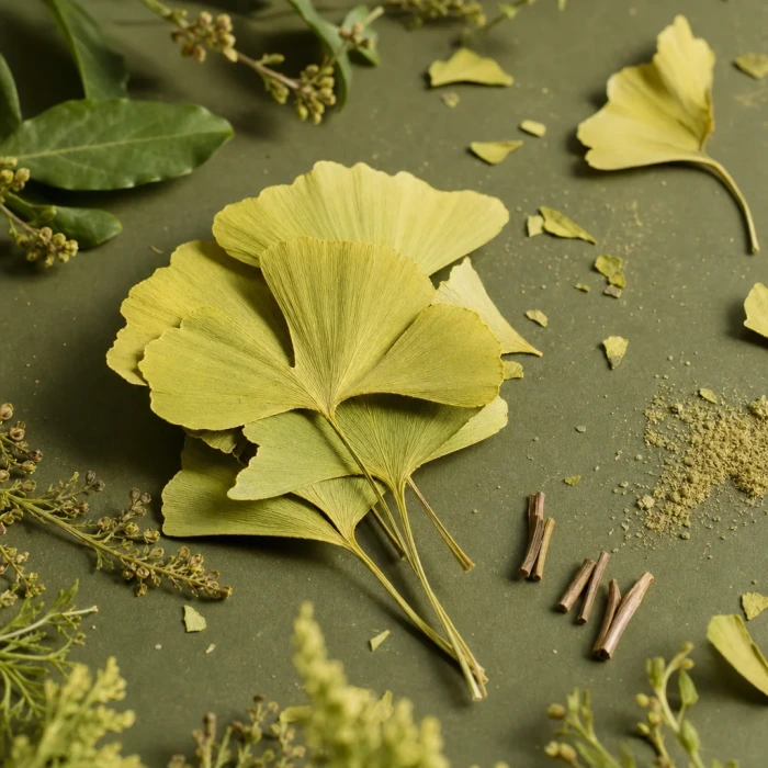 Ginkgo biloba fan leaves on olive board