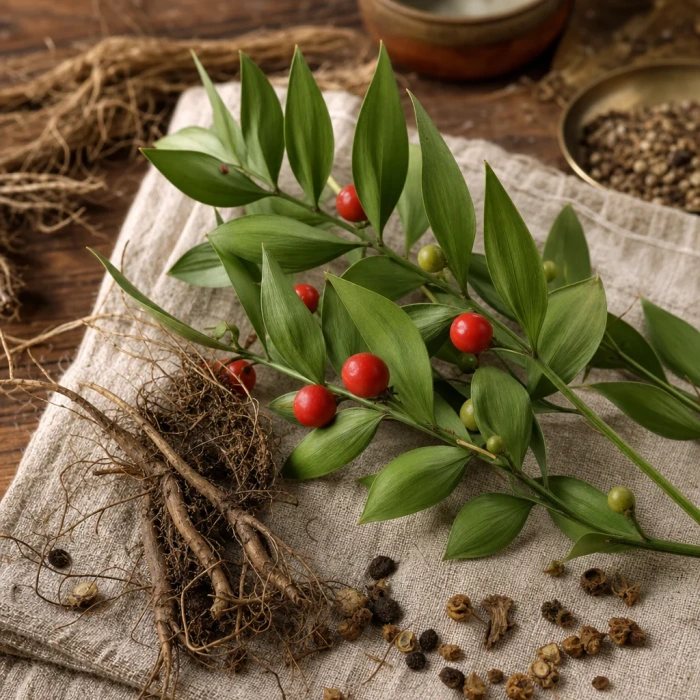 Butcher s broom stems on linen wood