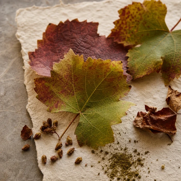 Grape leaves on handmade botanical paper