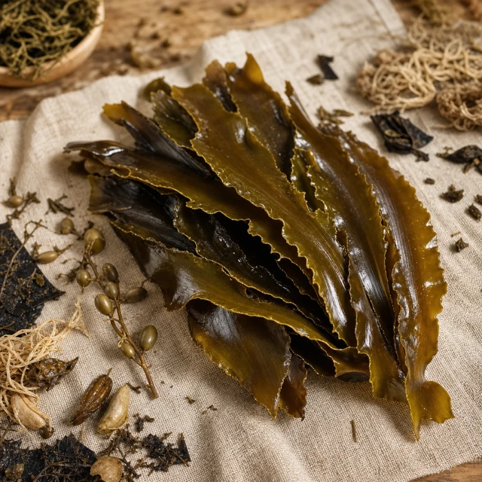 Raw kelp fronds on linen and wood
