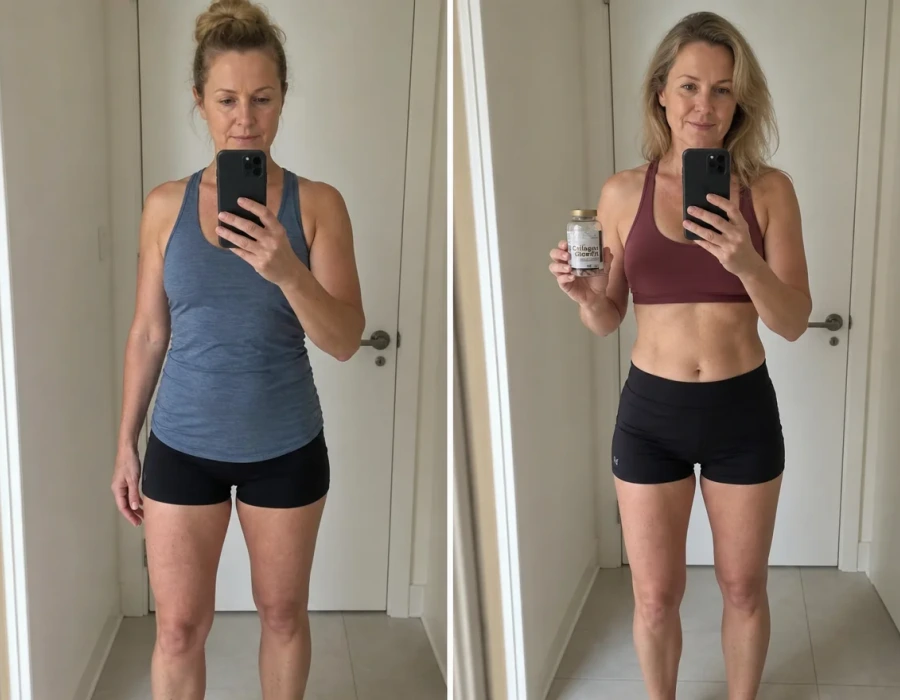 Woman s mirror selfie before and after
