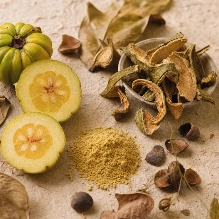 Garcinia cambogia rind and powder on paper