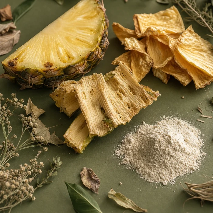 Pineapple pieces and bromelain powder on olive