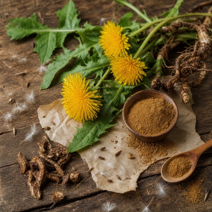 Dandelion roots and leaves on weathered wood
