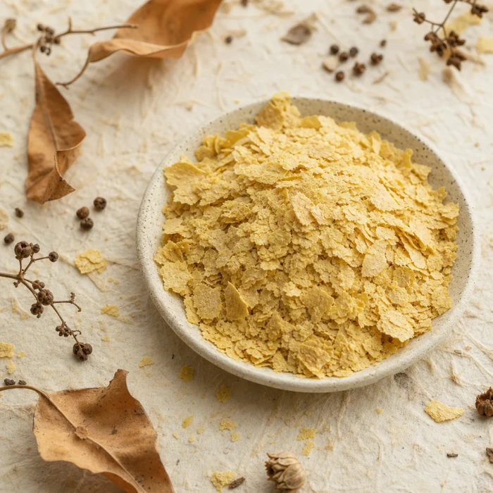 Selenium yeast flakes on handmade paper