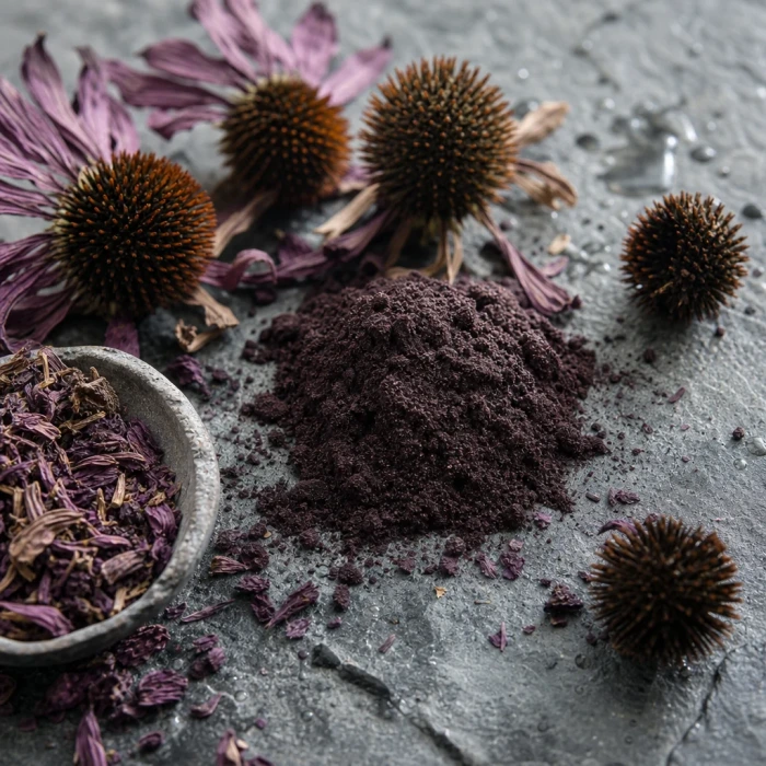 Echinacea flowers and powder on mineral stone
