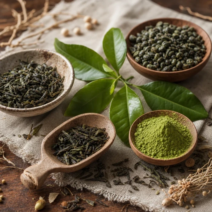 Green tea leaves and powder on linen