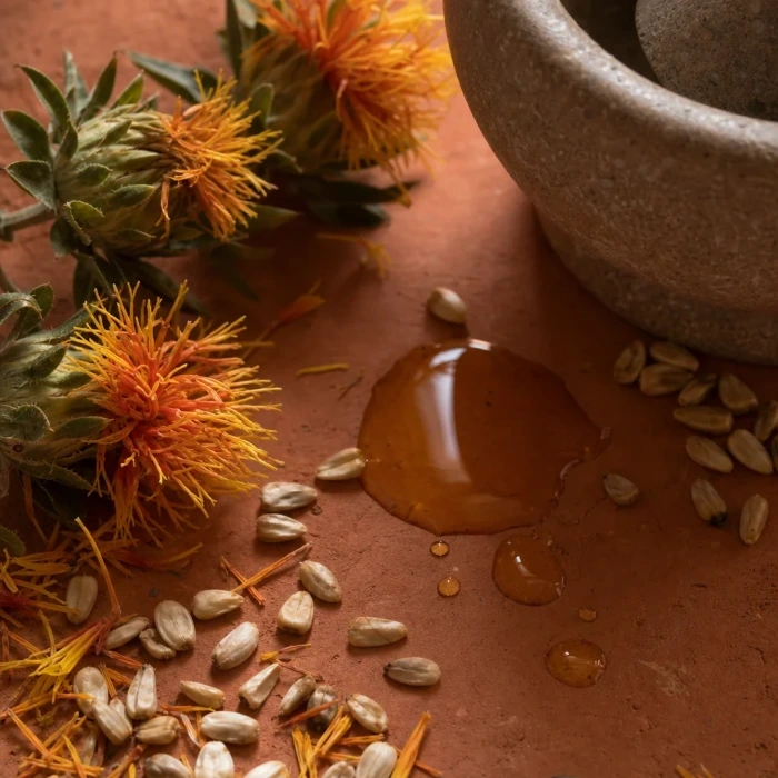 Safflower seeds and oil on terracotta