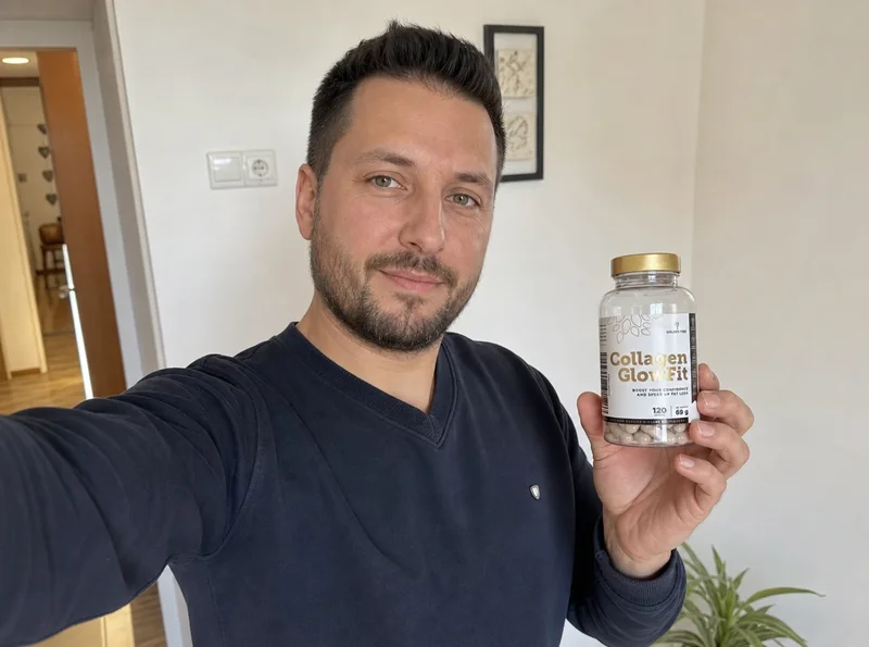 Man holding Collagen GlowFit product selfie
