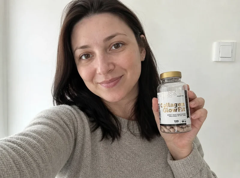 Woman holding Collagen GlowFit product selfie