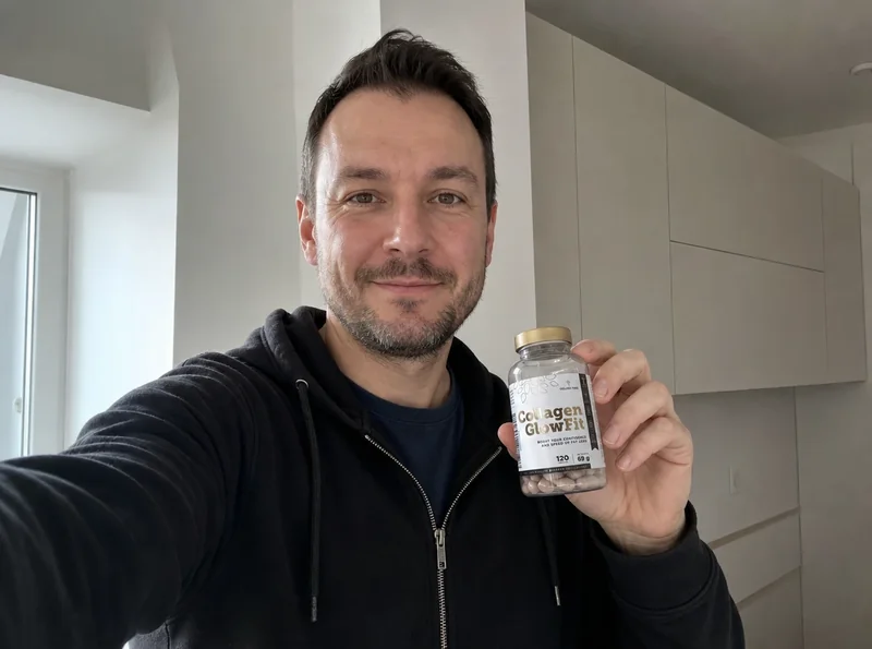 Man holding Collagen GlowFit product selfie