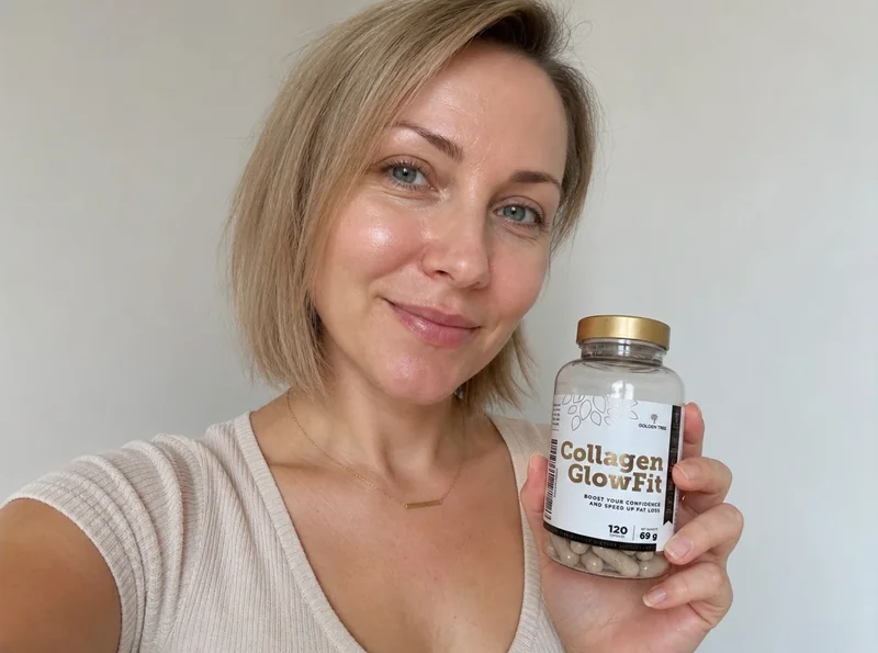 Woman 39 selfie holding skincare product