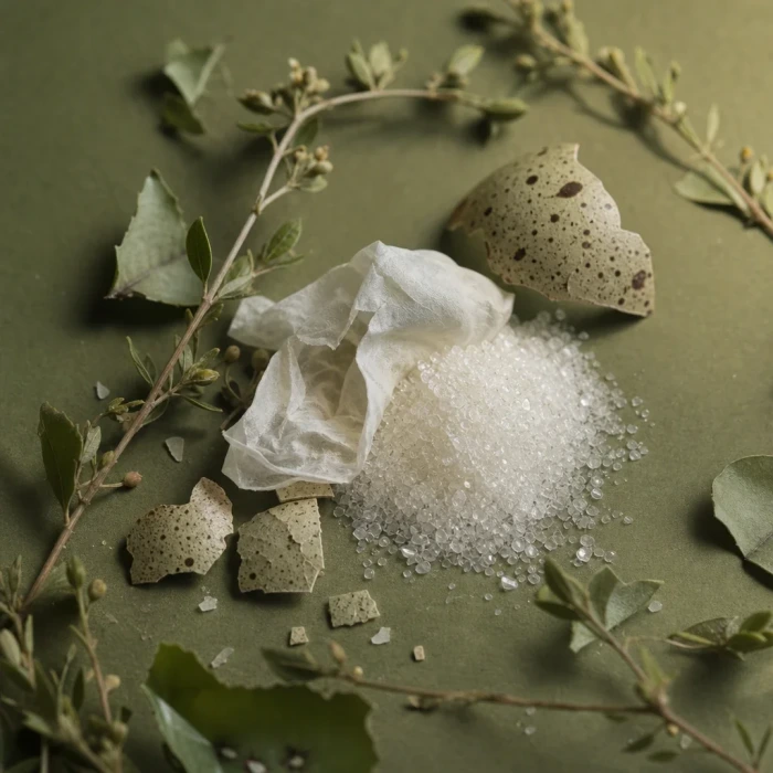 Hyaluronic acid granules on olive green board