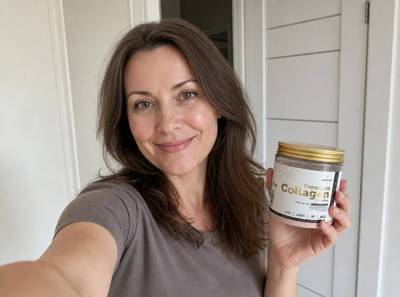 Woman selfie holding collagen container