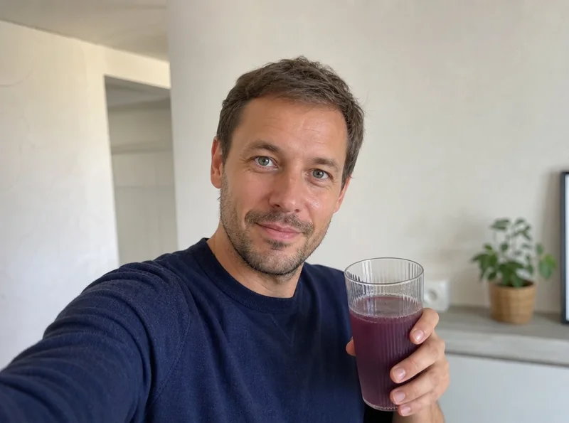 Man taking selfie with purple collagen drink