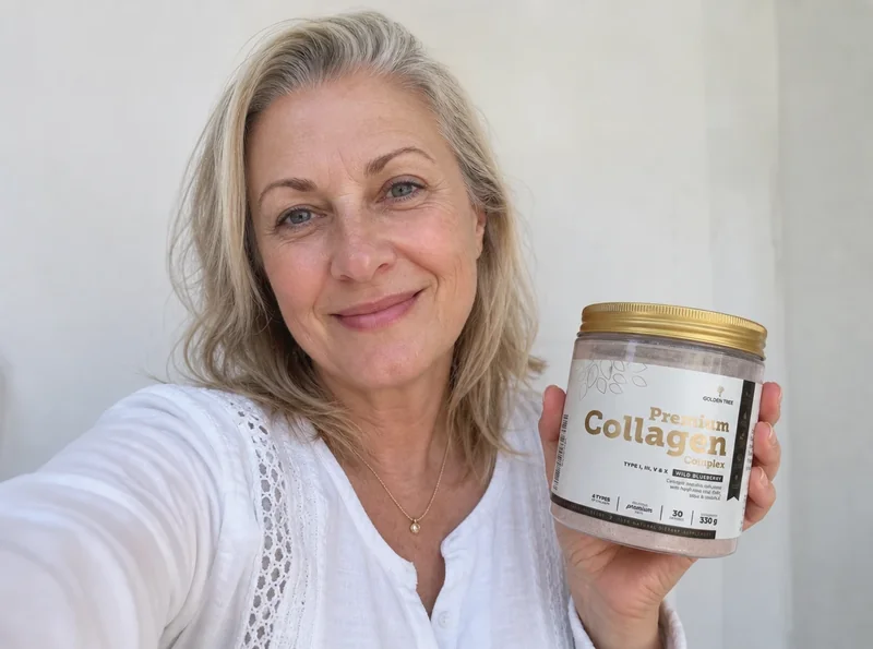 55-year-old woman selfie holding collagen container