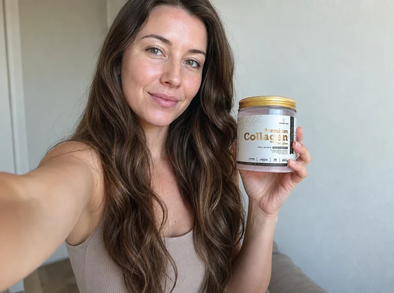 Woman holding Premium Collagen Complex container selfie