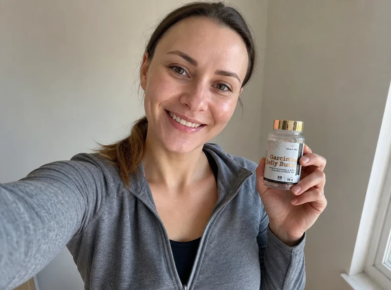 Selfie d'une femme tenant des gélules « Garcinia Belly Burn »