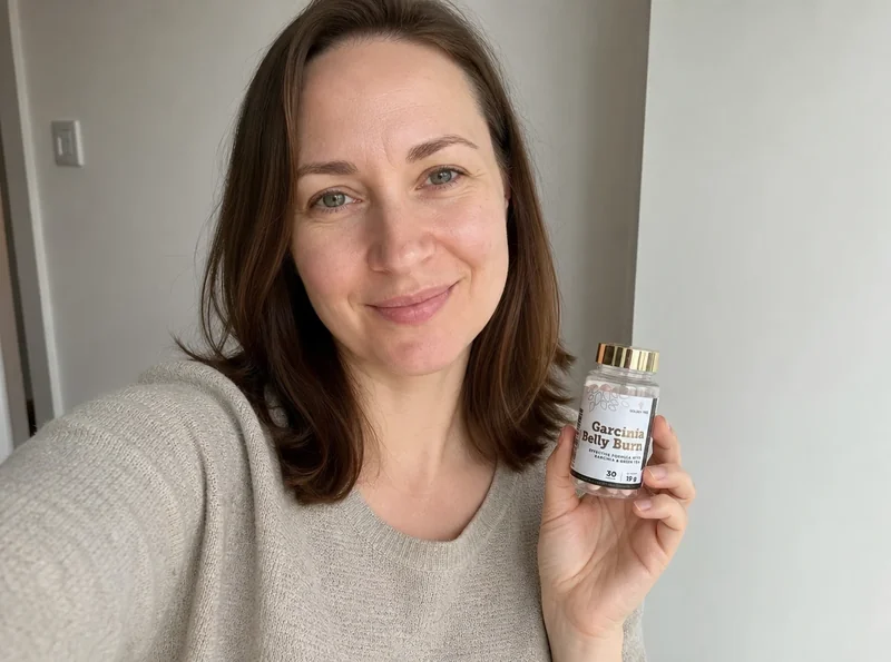 Selfie d'une femme tenant un flacon de Garcinia Belly Burn