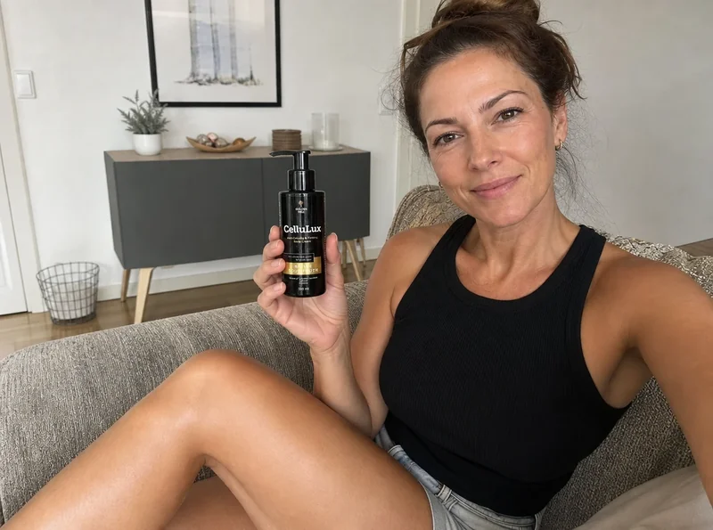 Woman on couch in shorts holding CelluLux