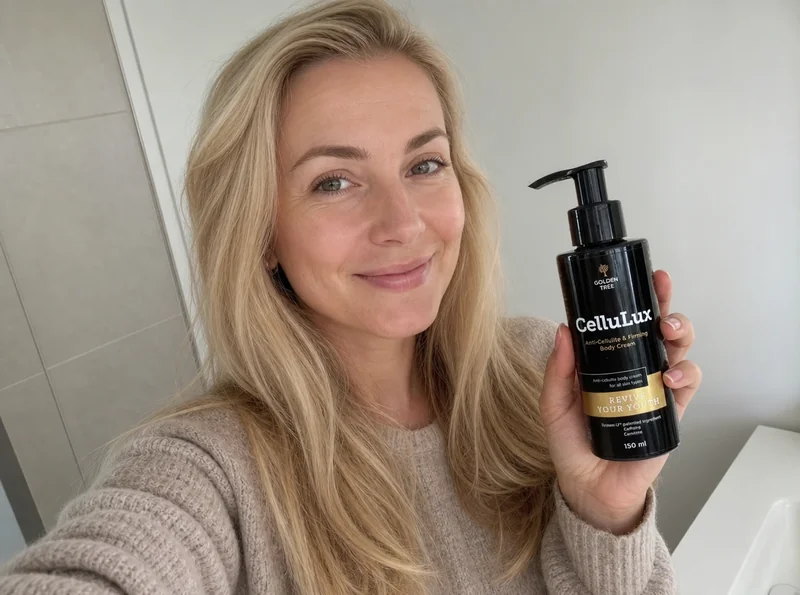 Blonde woman selfie holding CelluLux bottle