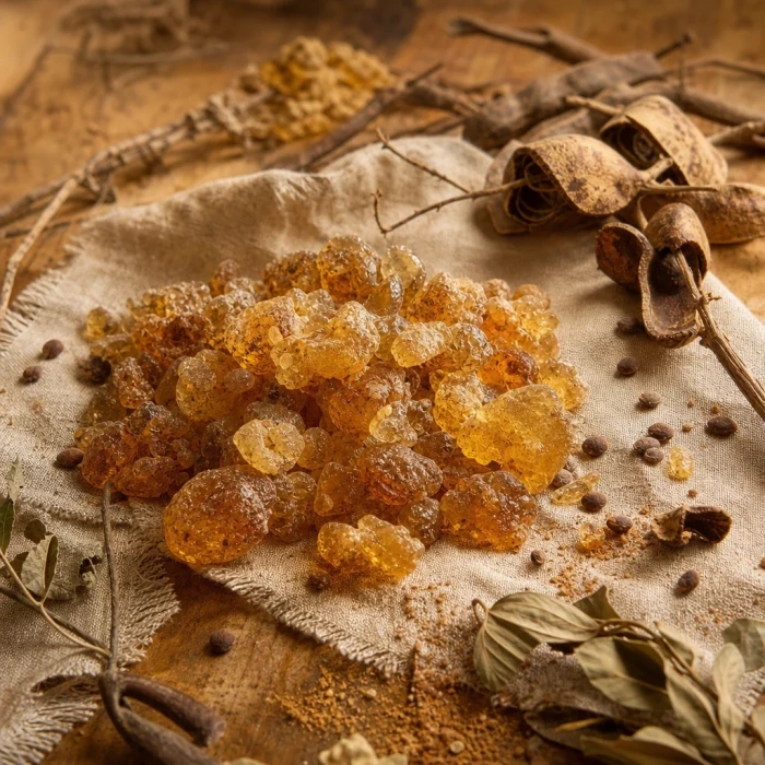 Amber acacia resin tears on linen wood