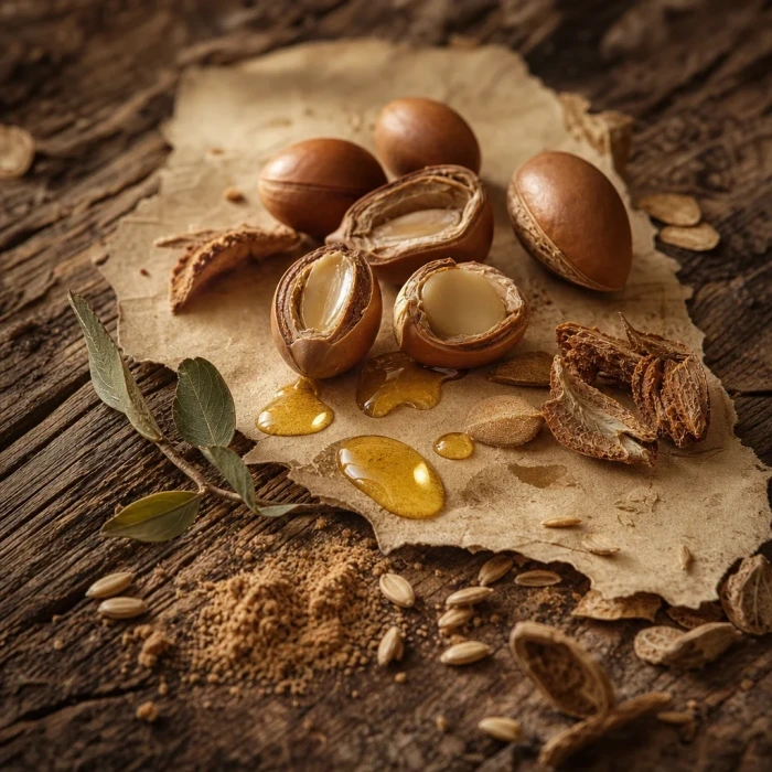 Cracked argan nuts with oil on weathered