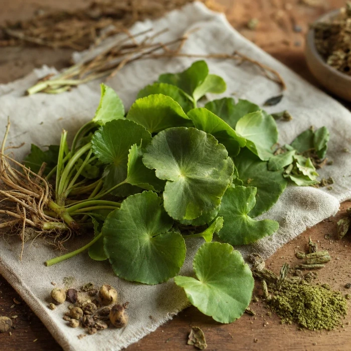 Centella asiatica leaves on linen wood