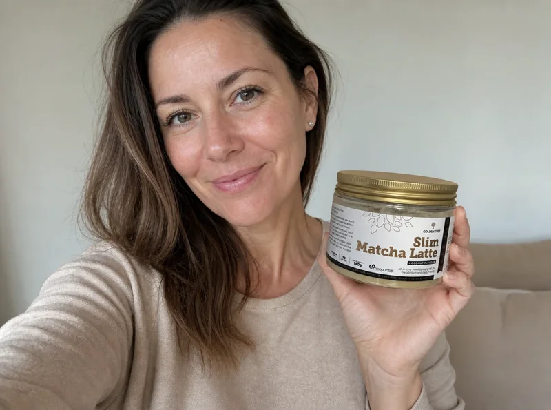 Woman selfie holding Slim Matcha Latte pouch