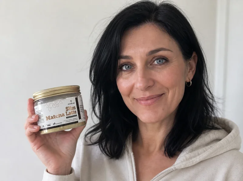 Woman holding Slim Matcha Latte pouch