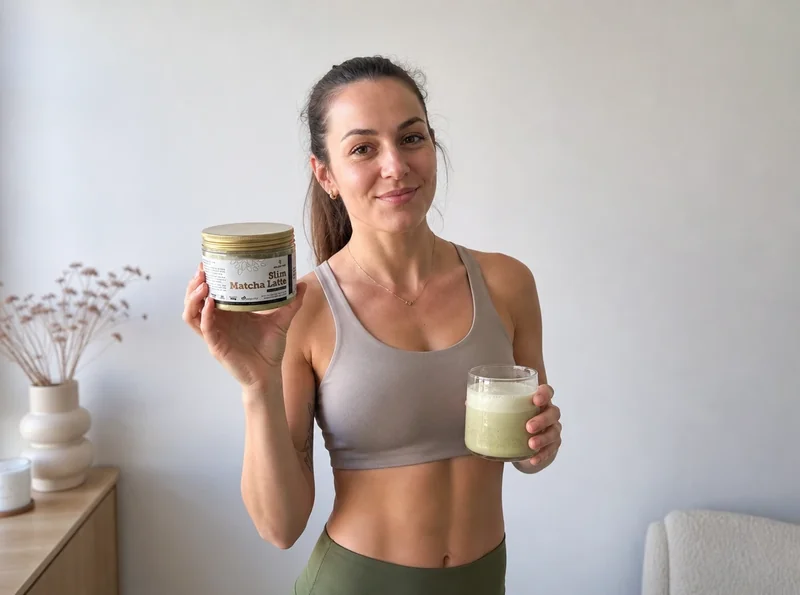 Woman holding Slim Matcha Latte pouch