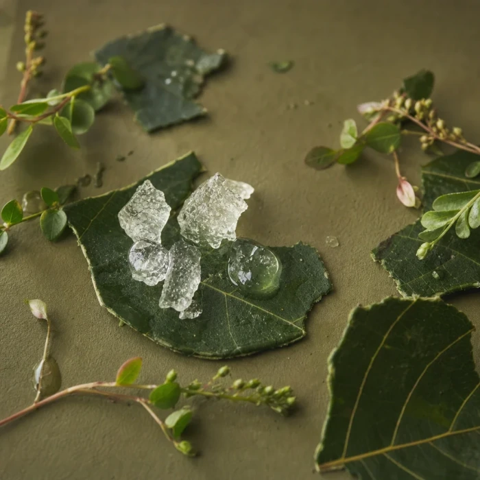 Hyaluronic crystals on olive board with botanicals
