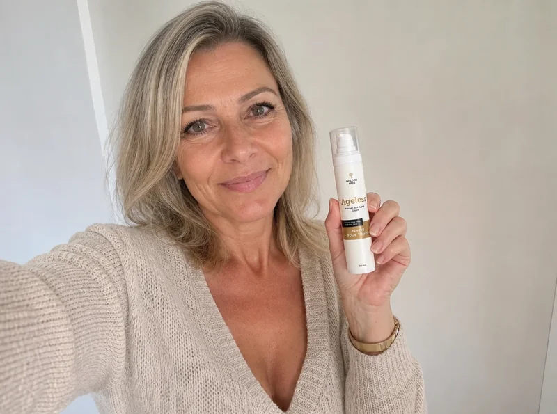 Woman 54 holding slim skincare product selfie