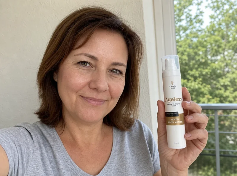 Woman 48 holding Golden Tree Ageless cream