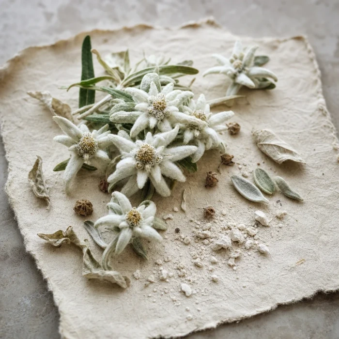 Dried edelweiss flowers on handmade paper
